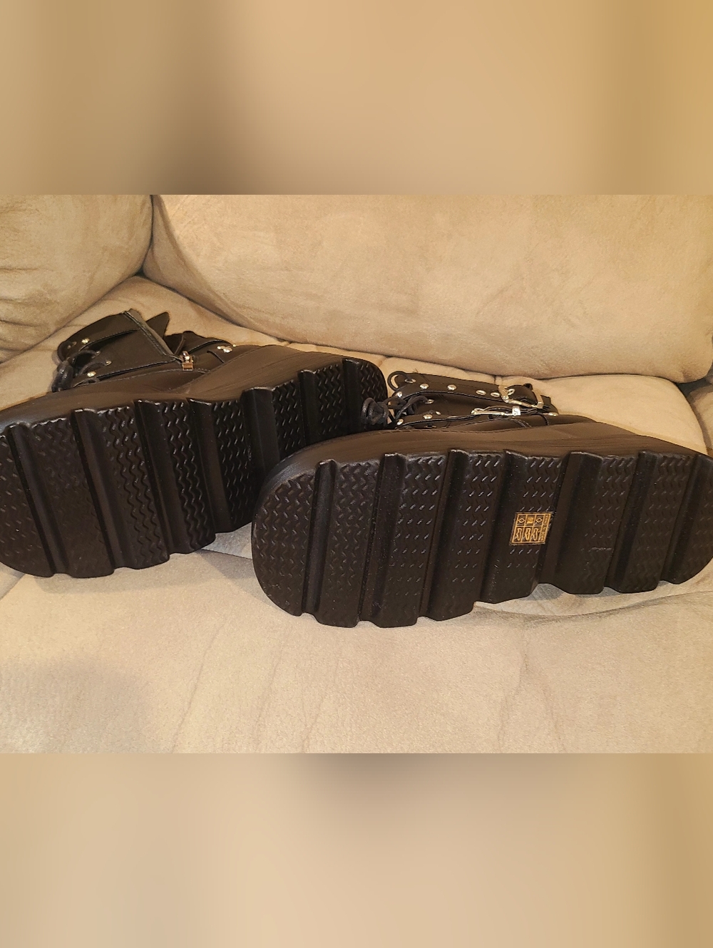 Platform Combat Boots with Stud Detail - Black - Picture 2 of 4